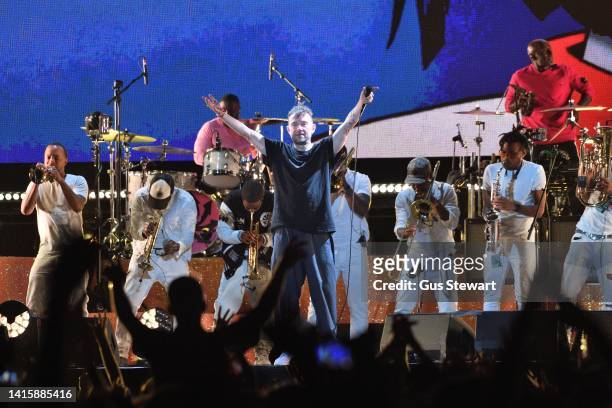 Damon Albarn of Gorillaz headlines the East Stage during All Points East 2022 at Victoria Park on August 19, 2022 in London, England.