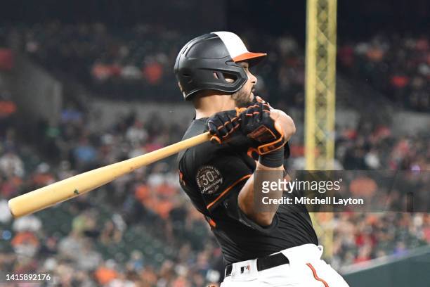 Anthony Santander of the Baltimore Orioles hits a two run home run in the third inning during a baseball game against the Boston Red Sox at Oriole...