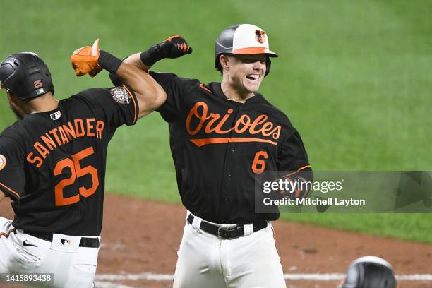 Ryan Mountcastle of the Baltimore Orioles celebrates a two run home run with Anthony Santander in the fourth during a baseball game against the...