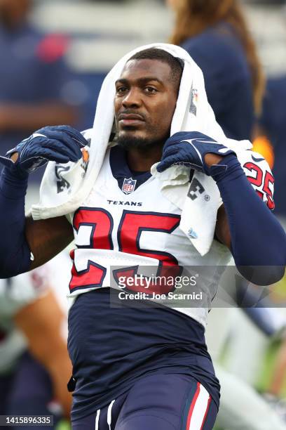 Desmond King II of the Houston Texans warms up prior to kickoff of a preseason game against the Los Angeles Rams at SoFi Stadium on August 19, 2022...