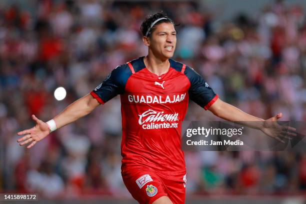 Angel Zaldivar of Chivas celebrates after scoring his team's fourth goal during the 10th round match between Necaxa and Chivas as part of the Torneo...