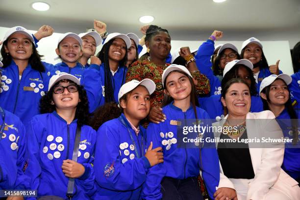 Vice President of Colombia Francia Marquez and She-is foundation president Nadia Sanchez pose for pictures with some of the Colombian girls who will...