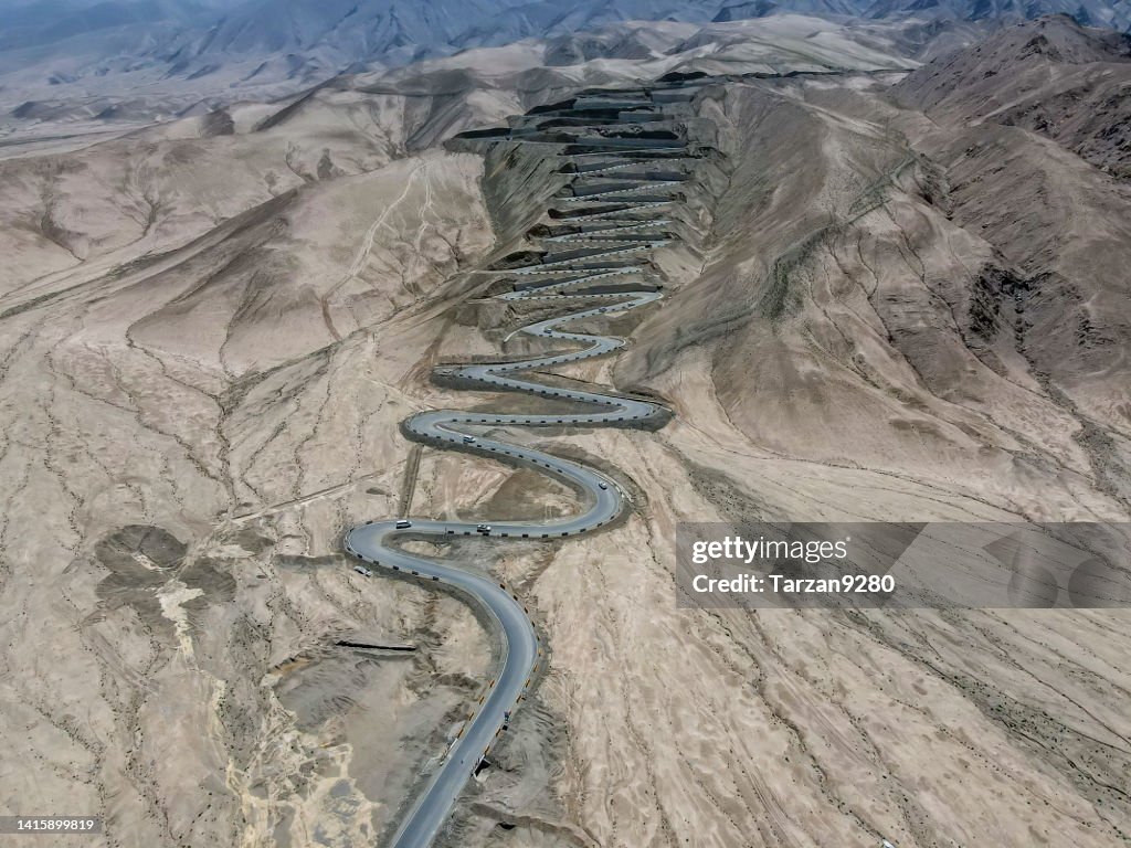 The zigzag road on Pamir Mountains, Xinjiang, China