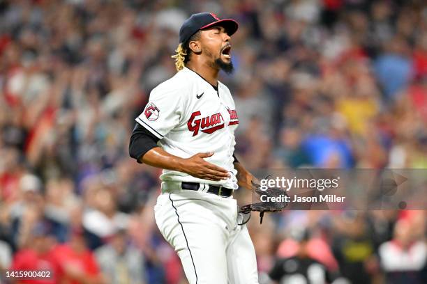 Closing pitcher Emmanuel Clase of the Cleveland Guardians celebrates after the last out to end the game and defeat the Chicago White Sox at...