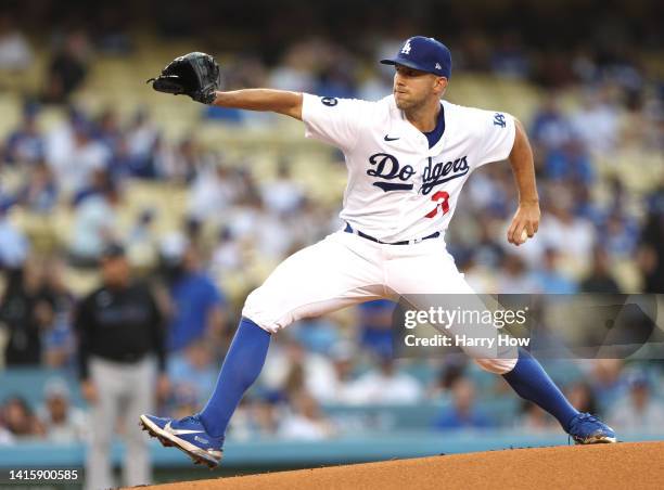 Tyler Anderson of the Los Angeles Dodgers pitches against the Miami Marlins during the first inning at Dodger Stadium on August 19, 2022 in Los...