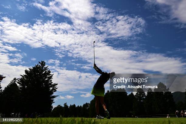 Erika Hara of Japan hits her tee shot on the 5th hole during the second round of CAT Ladies at Daihakone Country Club on August 20, 2022 in Hakone,...