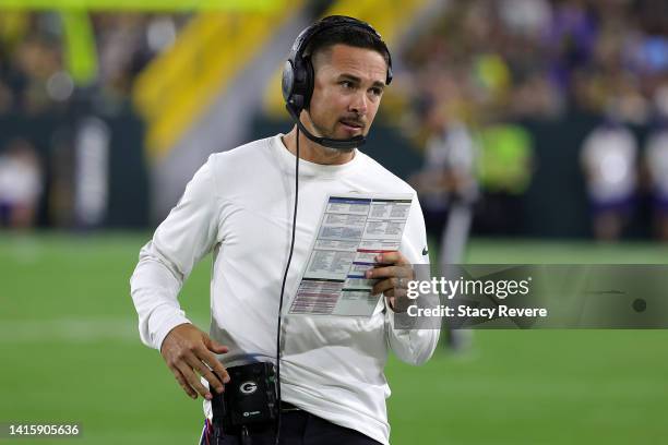 Head coach Matt LaFleur of the Green Bay Packers watches action during a preseason game against the New Orleans Saints at Lambeau Field on August 19,...