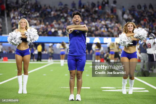 Los Angeles Rams cheerleaders pump up the crowd in the second quarter during a preseason game between the Houston Texans and the Los Angeles Rams at...