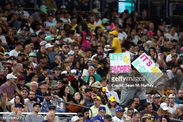 San Diego Padres fans look on during the fifth inning of a game against the Washington Nationals at PETCO Park on August 19, 2022 in San Diego,...