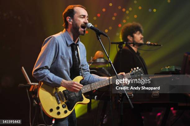 James Mercer and Richard Swift of The Shins perform on stage for KLRU-TV Austin City Limits Live at The Moody Theatre on March 18, 2012 in Austin,...