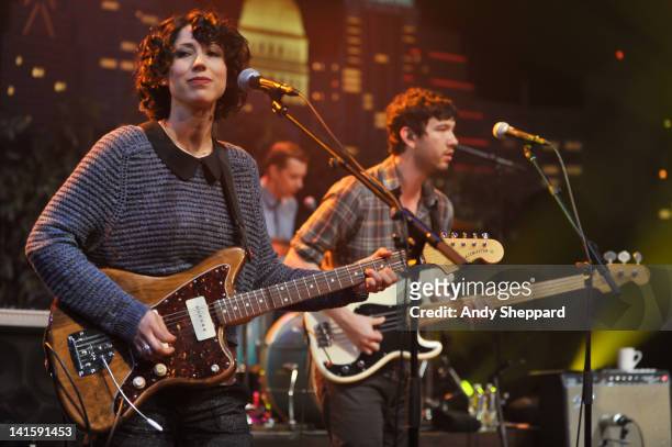 Jessica Dobson, Joe Plumber and Yuuki Matthews of The Shins perform on stage for KLRU-TV Austin City Limits Live at The Moody Theatre on March 18,...