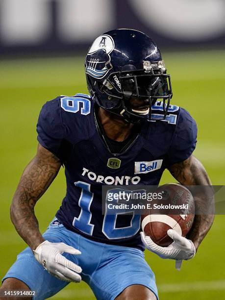 Brandon Banks of the Toronto Argonauts returns a punt against the Hamilton Tiger-Cats at BMO Field on August 6, 2022 in Toronto, Canada.