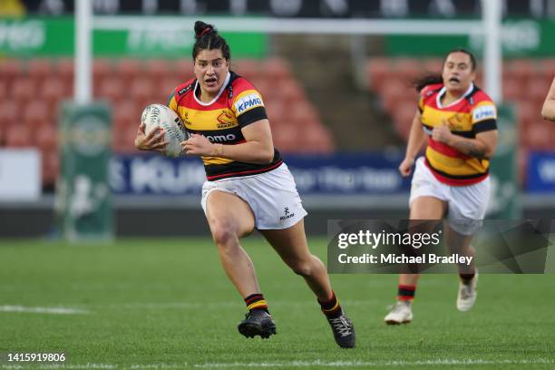 Rina Paraone of Waikato makes a run during the round six Farah Palmer Cup match between Waikato and Auckland at FMG Stadium Waikato, on August 20 in...