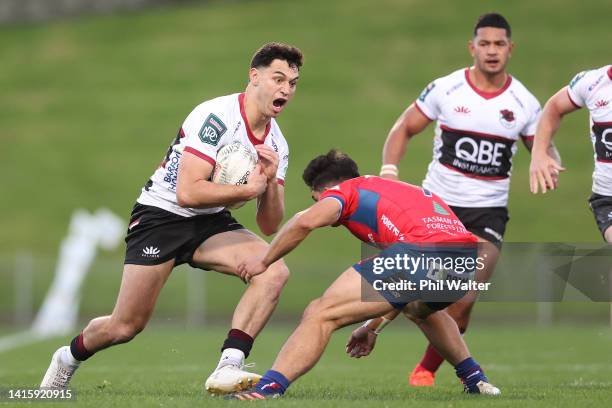 Shaun Stevenson of North Harbour is tackled during the round three Bunnings NPC match between North Harbour and Tasman at North Harbour Stadium, on...