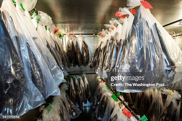 Eagles ready to be sent out to fill orders hang in one of two freezers at the U.S. Fish and Wildlife Service National Eagle Repository in Commerce...