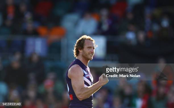 David Mundy of the Dockers celebrates a goal during the round 23 AFL match between the Greater Western Sydney Giants and the Fremantle Dockers at...