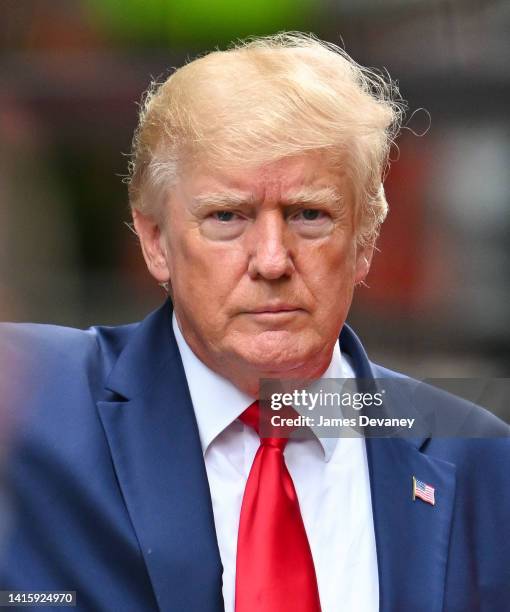 Former U.S. President Donald Trump leaves Trump Tower to meet with New York Attorney General Letitia James for a civil investigation on August 10,...