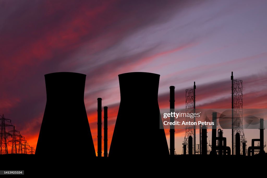 Nuclear power plant at sunset