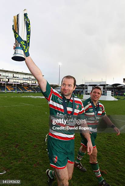 Geordan Murphy,the Leicester Tigers captain celebrates with team mate Tom Youngs after their victory during the LV=Cup Final between Leicester Tigers...