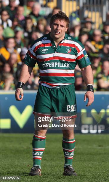 Tom Youngs of Leicester looks on during the LV=Cup Final between Leicester Tigers and Northampton Saints at Sixways Stadium on March 18, 2012 in...