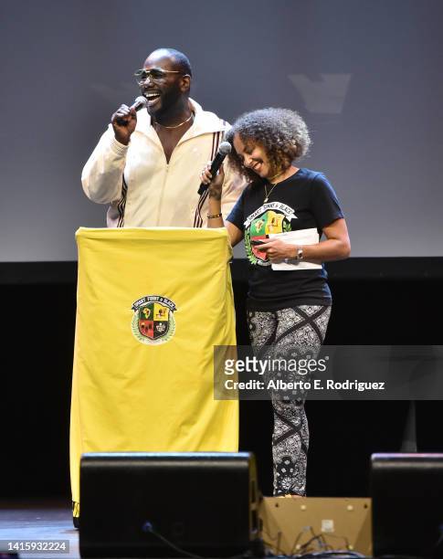 Amanda Seales and Nicco Annan perform At The Novo at The Novo on August 19, 2022 in Los Angeles, California.