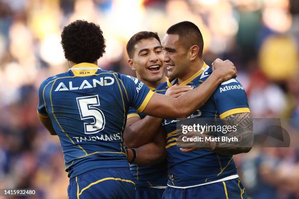 Marata Niukore of the Eels celebrates after an Eels try during the round 23 NRL match between the Parramatta Eels and the Canterbury Bulldogs at...