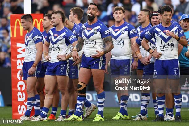 Bulldogs players look on after an Eels try during the round 23 NRL match between the Parramatta Eels and the Canterbury Bulldogs at CommBank Stadium...