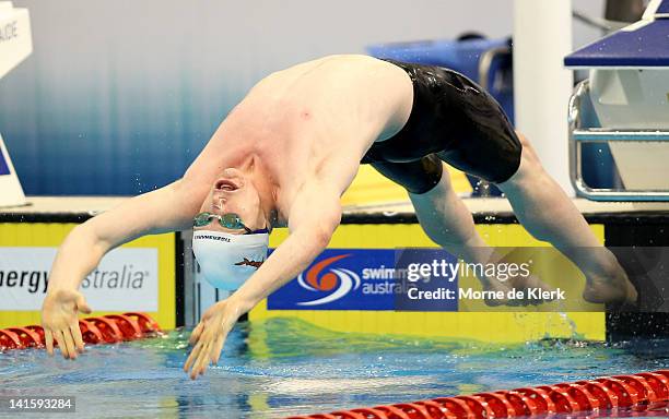 Matson Lawson of Australia competes in the Mens 200 Metre Backstroke during day five of the Australian Olympic Swimming Trials at the South...