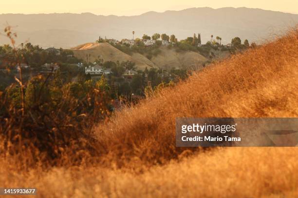 Homes stand near dry vegetation amid drought conditions on August 19, 2022 near Calabasas, California. U.S. Interior Secretary Deb Haaland announced...