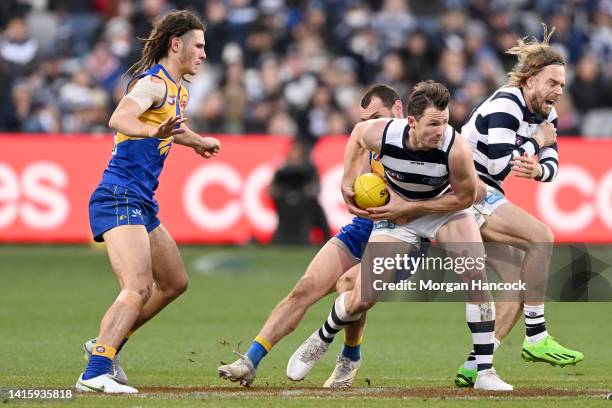 Patrick Dangerfield of the Cats takes possession of the ball during the round 23 AFL match between the Geelong Cats and the West Coast Eagles at...