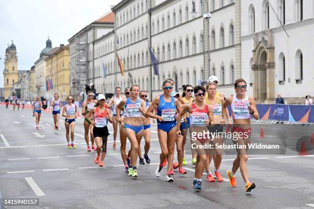 Katarzyna Zdzieblo of Poland leads the field as athletes compete at the beginning of the Women's 20km Race Walk Final on day 10 of the European...
