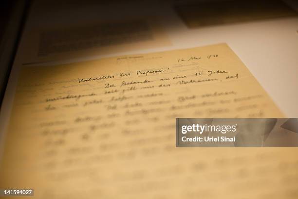An original document is seen on display as the Hebrew University of Jerusalem launches the all-new, expanded Albert Einstein Archives on March 19,...