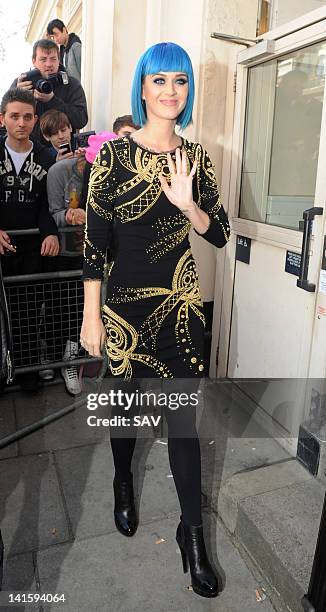 Katy Perry arrives at BBC Maida Vale studios on March 19, 2012 in London, England.