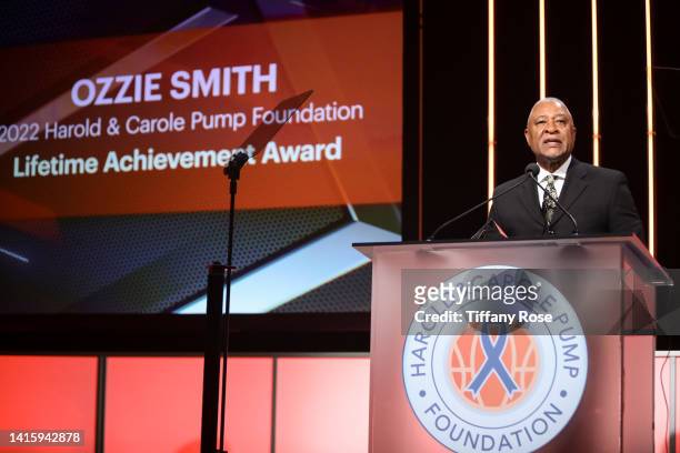 Honoree Ozzie Smith speaks onstage at the 22nd Annual Harold and Carole Pump Foundation Gala at The Beverly Hilton on August 19, 2022 in Beverly...