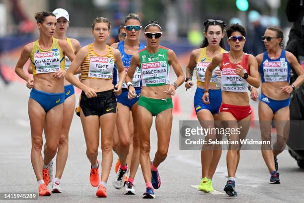 Saskia Feige of Germany, Ana Cabecinha of Portugal and Maria Perez of Spain compete during the Women's 20km Race Walk Final on day 10 of the European...