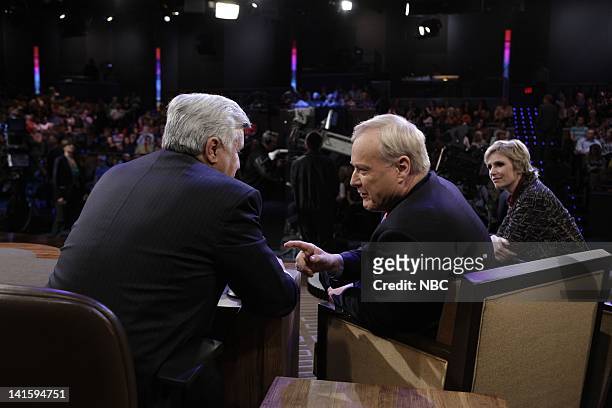 Episode 4003 -- Pictured: Host Jay Leno talks to Hardball's Chris Matthews and actress Jane Lynch during a commecial break on March 14, 2011 -- Photo...