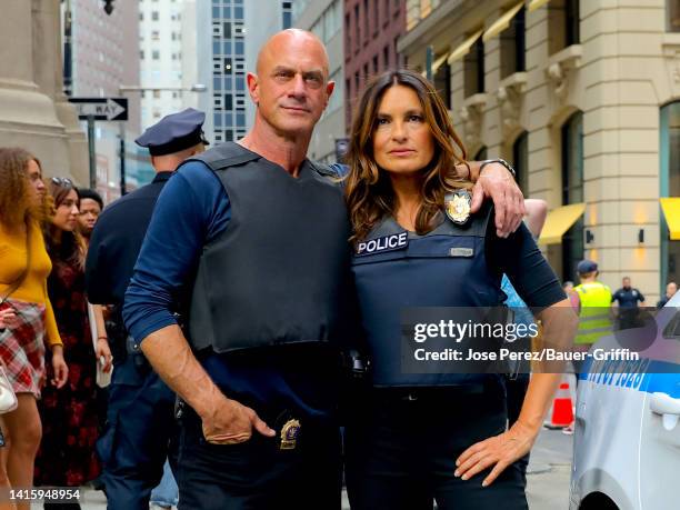 Christopher Meloni and Mariska Hargitay are seen on the film set of the 'Law and Order: Special Victims Unit' TV Series on August 18, 2022 in New...