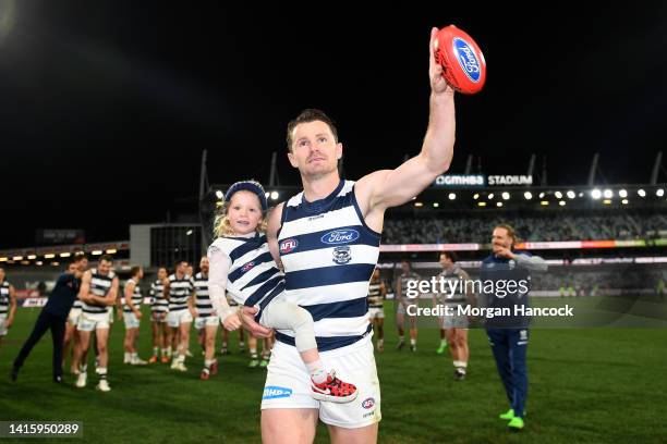 Patrick Dangerfield of the Cats exits the field following the round 23 AFL match between the Geelong Cats and the West Coast Eagles at GMHBA Stadium...