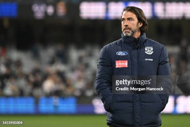 Chris Scott, Senior Coach of the Cats looks on following the round 23 AFL match between the Geelong Cats and the West Coast Eagles at GMHBA Stadium...