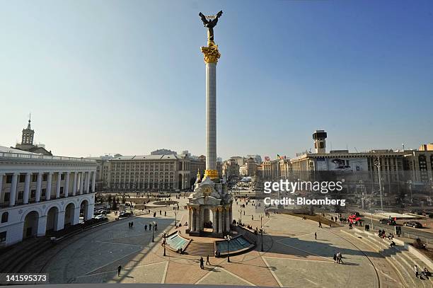 The city skyline is seen from Freedom Square in Kiev, Ukraine, on Saturday, March 17, 2012. Ukraine said it wants to postpone $3 billion of bailout...