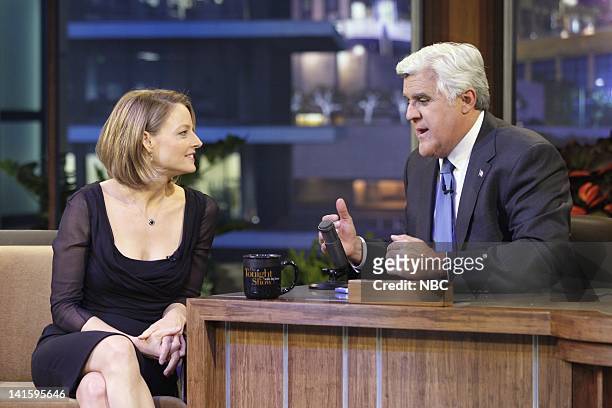 Episode 4042 -- Pictured: Actress/director Jodie Foster talks with host Jay Leno during a commercial break on May 13, 2011 -- Photo by: Stacie...