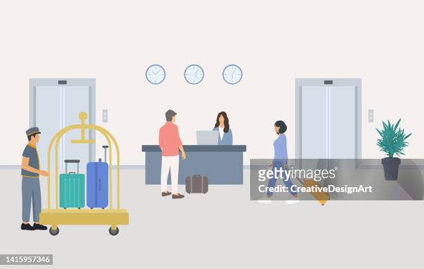 ilustrações de stock, clip art, desenhos animados e ícones de hotel reception with people. young man talking with receptionist and checking in to hotel. young woman pulling her luggage and bellboy with luggage trolley in lobby - estalagem