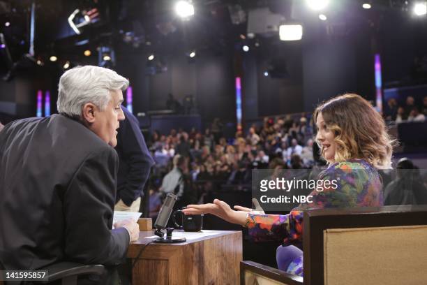 Episode 4190 -- Pictured: Host Jay Leno talks to actress Drew Barrymore during a commercial break on February 2, 2012 -- Photo by: Stacie...