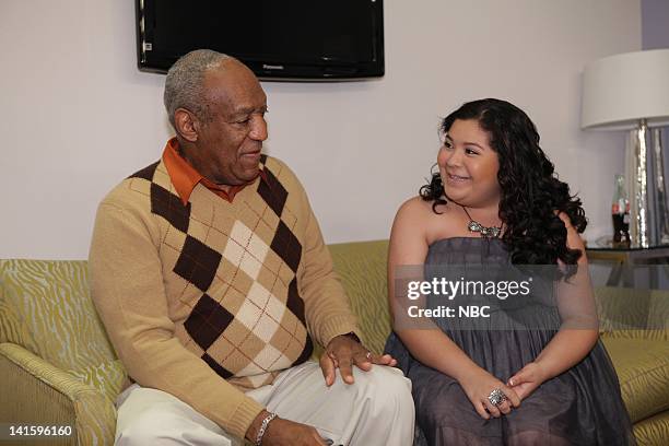 Episode 4156 -- Pictured: Actor/comedian Bill Cosby backstage with actress Raini Rodriguez on November 30, 2011 -- Photo by: Paul Drinkwater/NBC/NBCU...