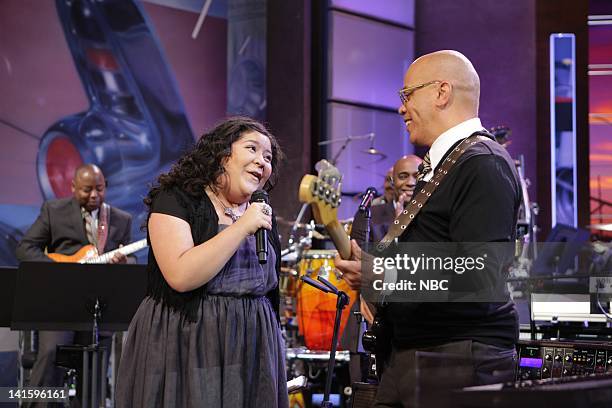 Episode 4156 -- Pictured: Actress Raini Rodriguez sings with Rickey Minor and The Tonight Show Band during a commercial break on November 30, 2011 --...