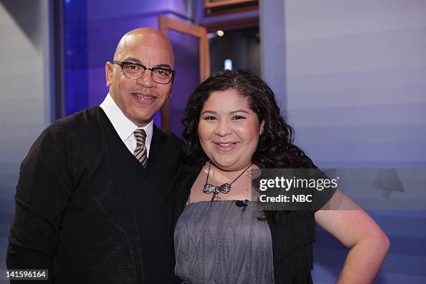 Episode 4156 -- Pictured: Bandleader Rickey Minor backstage with actress Raini Rodriguez on November 30, 2011 -- Photo by: Paul Drinkwater/NBC/NBCU...