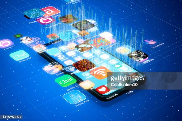 illustrazioni stock, clip art, cartoni animati e icone di tendenza di smart mobile phone con applicazioni - sistema operativo