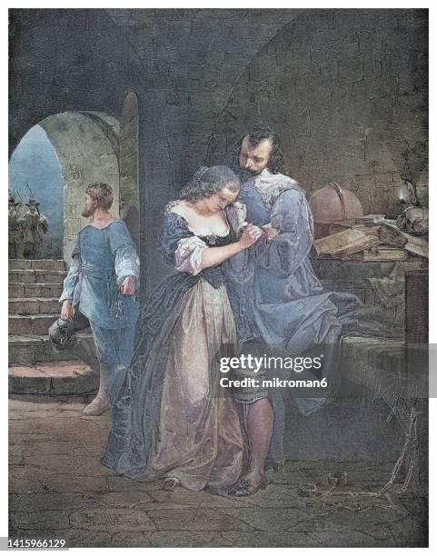 old engraved illustration of sir walter raleigh parting from his wife - renaissance and schets stockfoto's en -beelden