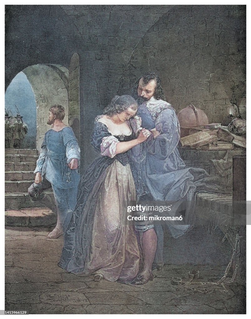 Old engraved illustration of Sir Walter Raleigh parting from his wife
