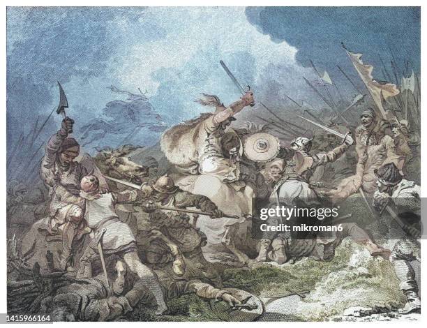old engraved illustration of the battle of hastings - anglo saxon warrior photos et images de collection